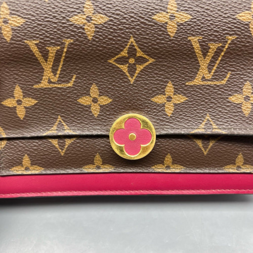 Louis Vuitton Flore Chain Wallet Monogram Calfskin Dark Brown Light Brown Red
