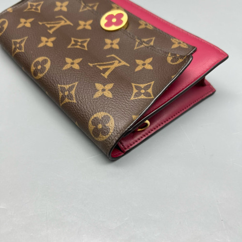 Louis Vuitton Flore Chain Wallet Monogram Calfskin Dark Brown Light Brown Red