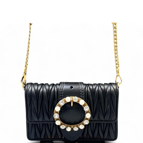 Miu Miu Pearl Gaufre Strass Mini Madras Chain Shoulder Crumpled Lambskin Black