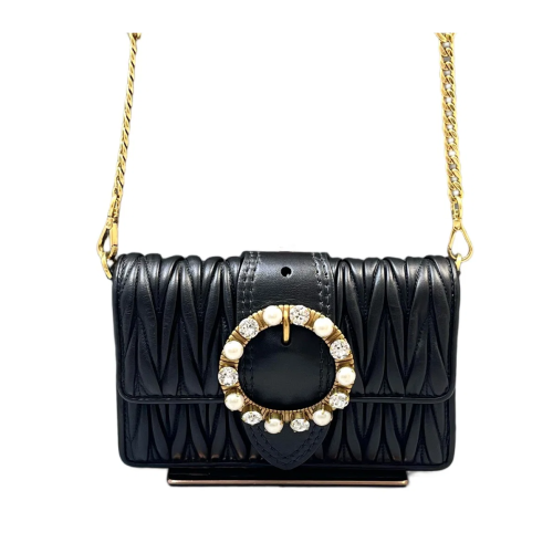 Miu Miu Pearl Gaufre Strass Mini Madras Chain Shoulder Crumpled Lambskin Black