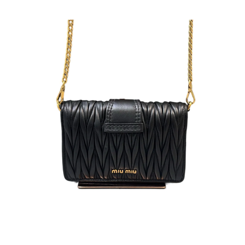 Miu Miu Pearl Gaufre Strass Mini Madras Chain Shoulder Crumpled Lambskin Black