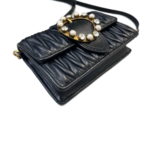 Miu Miu Pearl Gaufre Strass Mini Madras Chain Shoulder Crumpled Lambskin Black