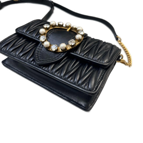 Miu Miu Pearl Gaufre Strass Mini Madras Chain Shoulder Crumpled Lambskin Black