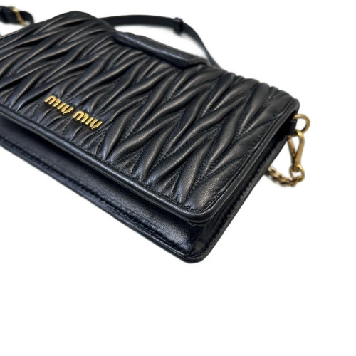 Miu Miu Pearl Gaufre Strass Mini Madras Chain Shoulder Crumpled Lambskin Black