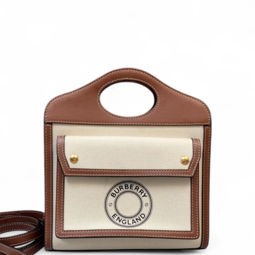 Burberry Mini Two Tone Pocket Bag Canvas Calfskin Beige Brown Burberry Mini Two Tone Pocket Bag Canvas Calfskin Beige Brown