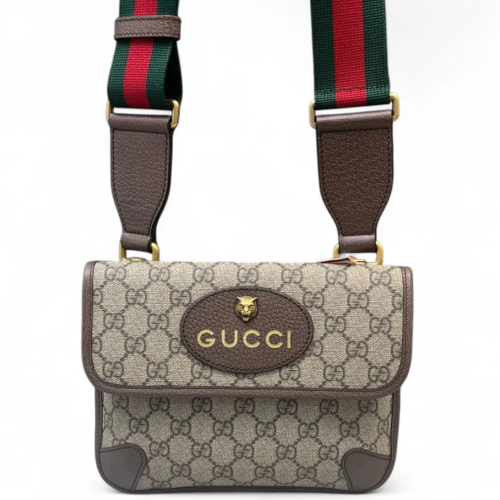Gucci Web Small Neo Vintage Double Flap Messenger Bag GG Supreme Monogram Beige Brown Green