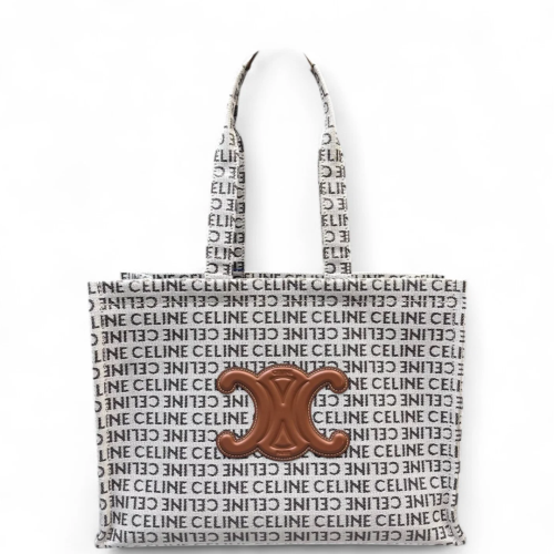 Celine Tote Bag Canvas Cowhide Beige Brown