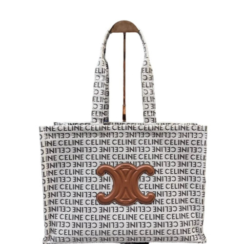 Celine Tote Bag Canvas Cowhide Beige Brown