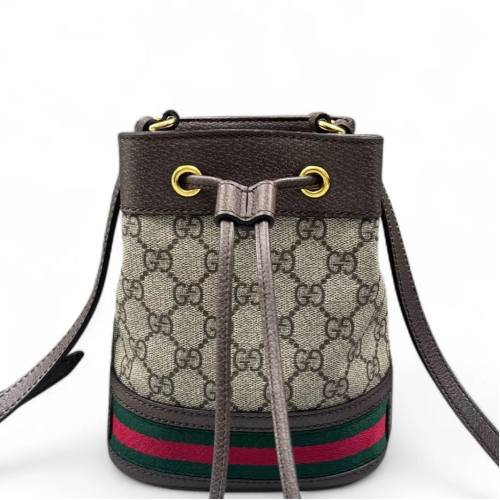 Gucci Web Mini Ophidia Bucket Bag GG Supreme Monogram Beige Brown Green