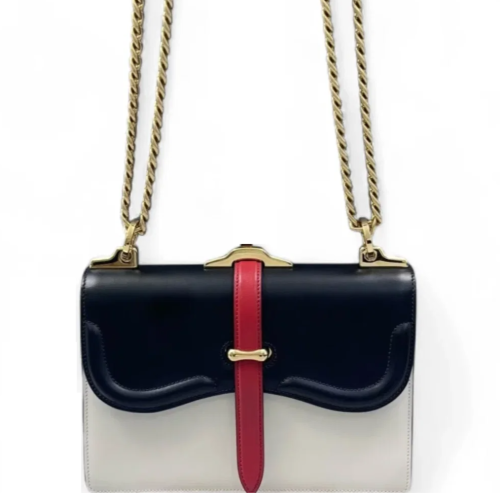 Prada Shoulder Bag Calfskin Black White Red