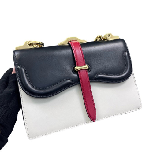 Prada Shoulder Bag Calfskin Black White Red