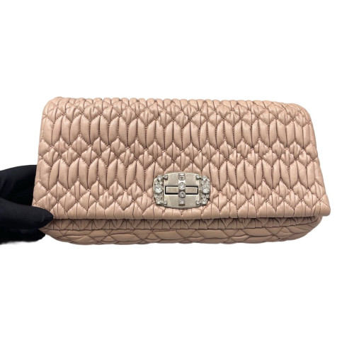 Miu Miu Crystal Matelasse Matelasse Crystal Flap Clutch Calfskin Nude Beige