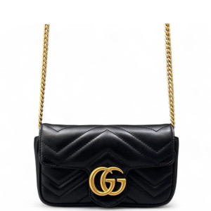 Gucci Chevron Super Mini GG Marmont Chain Wallet Calfskin Black