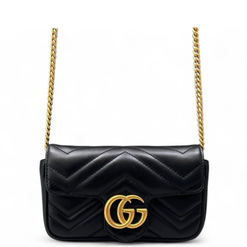 Gucci Chevron Super Mini GG Marmont Chain Wallet Calfskin Black
