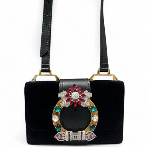Miu Miu Crystal Crystal Embellished Madras Shoulder Calfskin Black Miu Miu Crystal Crystal Embellished Madras Shoulder Calfskin Black