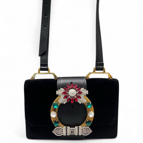 Miu Miu Crystal Crystal Embellished Madras Shoulder Calfskin Black Miu Miu Crystal Crystal Embellished Madras Shoulder Calfskin Black
