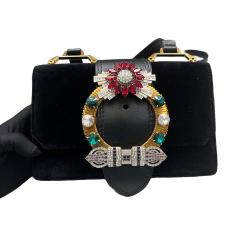 Miu Miu Crystal Crystal Embellished Madras Shoulder Calfskin Black Miu Miu Crystal Crystal Embellished Madras Shoulder Calfskin Black