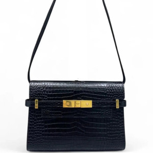 Yves Saint Laurent Small Manhattan Shoulder Bag Calfskin Crocodile Embossed Black