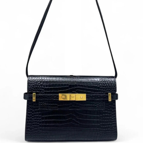 Yves Saint Laurent Small Manhattan Shoulder Bag Calfskin Crocodile Embossed Black Yves Saint Laurent Small Manhattan Shoulder Bag Calfskin Crocodile Embossed Black