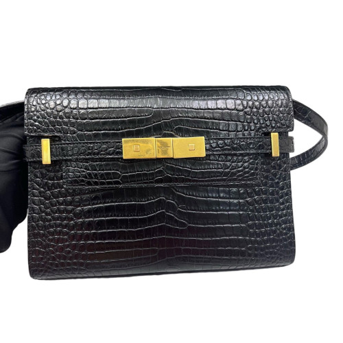 Yves Saint Laurent Small Manhattan Shoulder Bag Calfskin Crocodile Embossed Black Yves Saint Laurent Small Manhattan Shoulder Bag Calfskin Crocodile Embossed Black