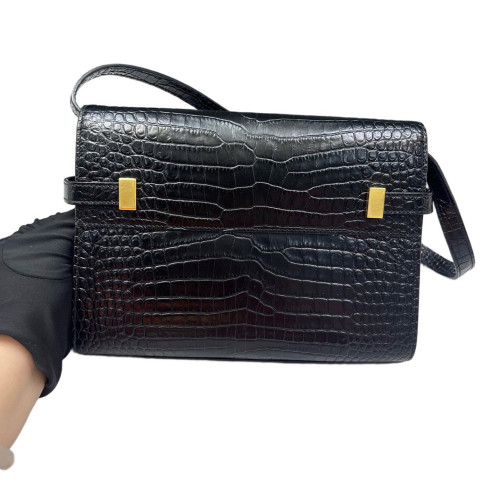 Yves Saint Laurent Small Manhattan Shoulder Bag Calfskin Crocodile Embossed Black Yves Saint Laurent Small Manhattan Shoulder Bag Calfskin Crocodile Embossed Black