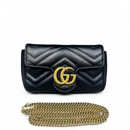 Gucci Chevron Super Mini GG Marmont Chain Wallet Calfskin Black