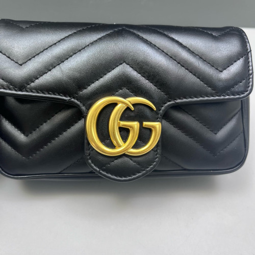 Gucci Chevron Super Mini GG Marmont Chain Wallet Calfskin Black