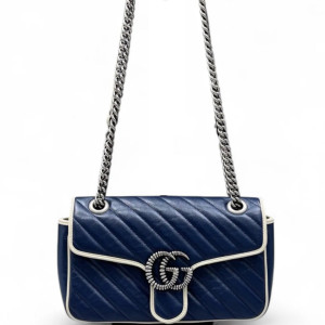 Gucci Chevron Small GG Marmont Calfskin Dark Navy