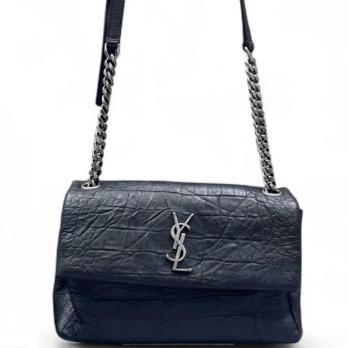 Yves Saint Laurent West Hollywood Shoulder Bag Medium Calfskin Crocodile Embossed Black