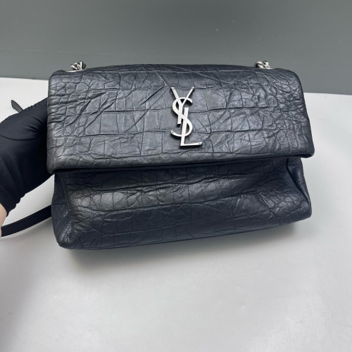 Yves Saint Laurent West Hollywood Shoulder Bag Medium Calfskin Crocodile Embossed Black