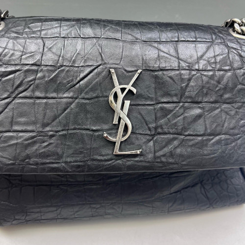 Yves Saint Laurent West Hollywood Shoulder Bag Medium Calfskin Crocodile Embossed Black