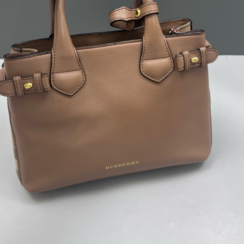 Burberry Small Banner Tote Calfskin House Check Brown Beige Red Burberry Small Banner Tote Calfskin House Check Brown Beige Red