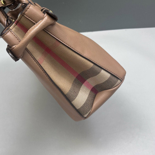 Burberry Small Banner Tote Calfskin House Check Brown Beige Red Burberry Small Banner Tote Calfskin House Check Brown Beige Red