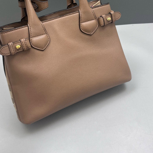 Burberry Small Banner Tote Calfskin House Check Brown Beige Red Burberry Small Banner Tote Calfskin House Check Brown Beige Red