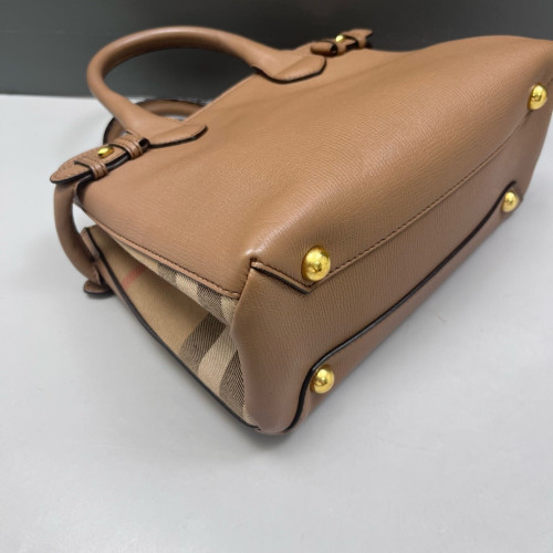 Burberry Small Banner Tote Calfskin House Check Brown Beige Red Burberry Small Banner Tote Calfskin House Check Brown Beige Red