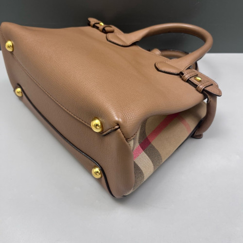 Burberry Small Banner Tote Calfskin House Check Brown Beige Red Burberry Small Banner Tote Calfskin House Check Brown Beige Red