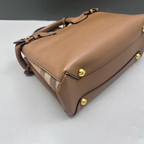 Burberry Small Banner Tote Calfskin House Check Brown Beige Red Burberry Small Banner Tote Calfskin House Check Brown Beige Red