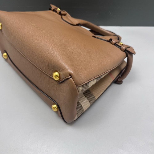 Burberry Small Banner Tote Calfskin House Check Brown Beige Red Burberry Small Banner Tote Calfskin House Check Brown Beige Red