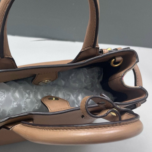 Burberry Small Banner Tote Calfskin House Check Brown Beige Red Burberry Small Banner Tote Calfskin House Check Brown Beige Red