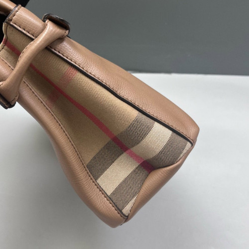 Burberry Small Banner Tote Calfskin House Check Brown Beige Red Burberry Small Banner Tote Calfskin House Check Brown Beige Red