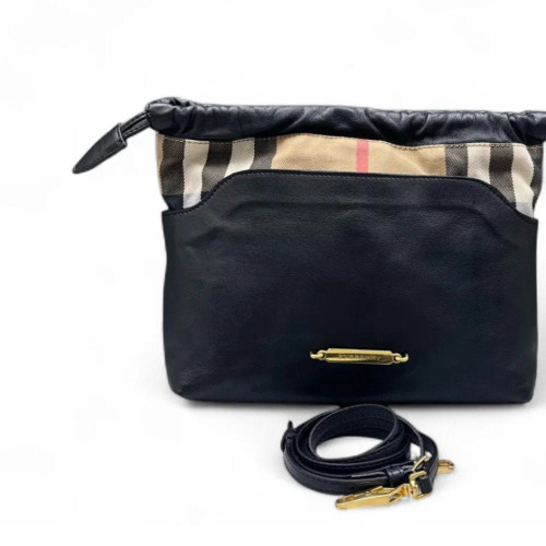 Burberry Bucket House Check Calfskin Black Beige Khaki