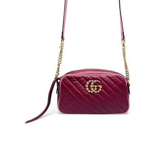 Gucci Torchon Gg Enamel Matelasse Small GG Marmont Chain Shoulder Bag Calfskin Red Pink Gucci Torchon Gg Enamel Matelasse Small GG Marmont Chain Shoulder Bag Calfskin Red Pink