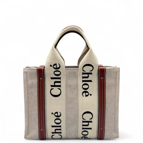 Chloe Small Woody Ribbon Tote Canvas Calfskin Beige Brown Black