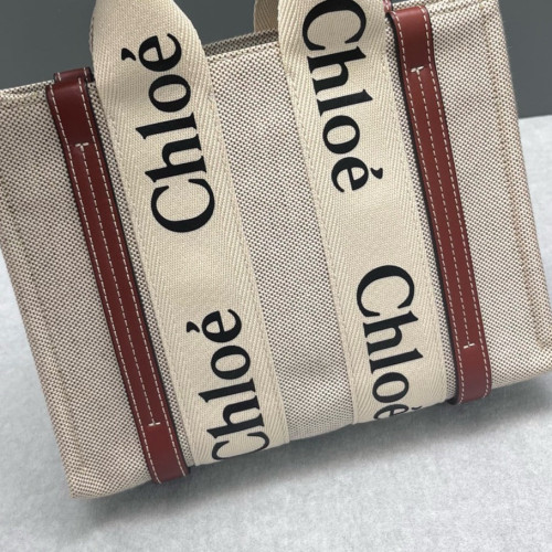 Chloe Small Woody Ribbon Tote Canvas Calfskin Beige Brown Black