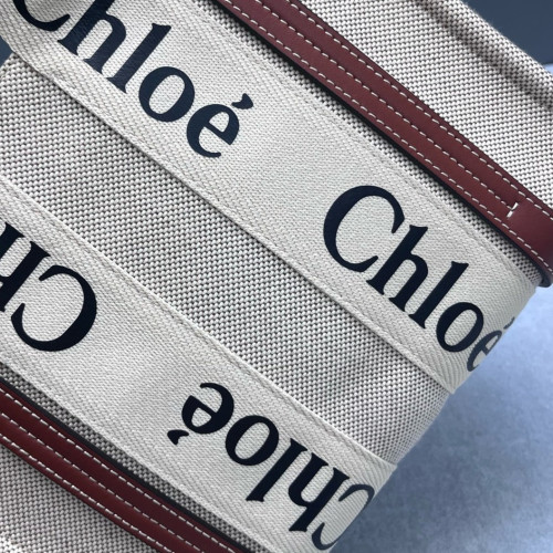Chloe Small Woody Ribbon Tote Canvas Calfskin Beige Brown Black