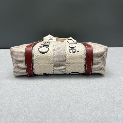 Chloe Small Woody Ribbon Tote Canvas Calfskin Beige Brown Black