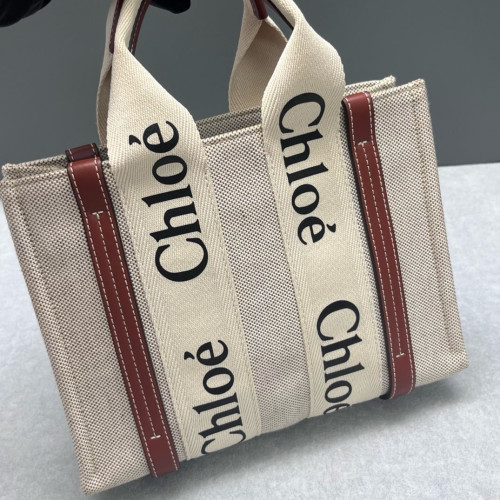 Chloe Small Woody Ribbon Tote Canvas Calfskin Beige Brown Black