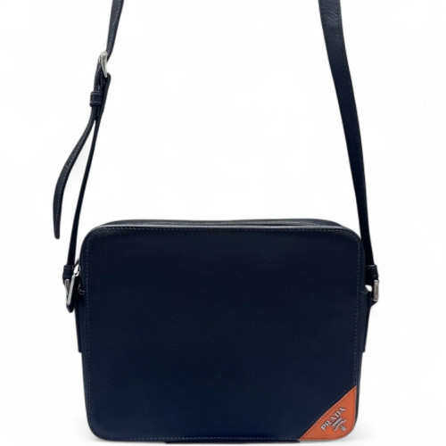Prada Shoulder Bag Saffiano Calfskin Black Orange