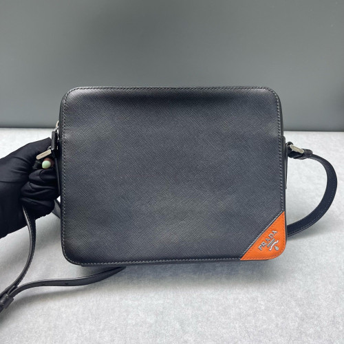 Prada Shoulder Bag Saffiano Calfskin Black Orange