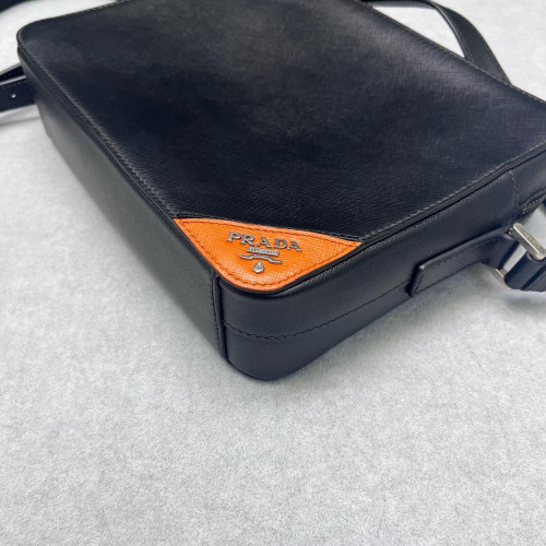 Prada Shoulder Bag Saffiano Calfskin Black Orange